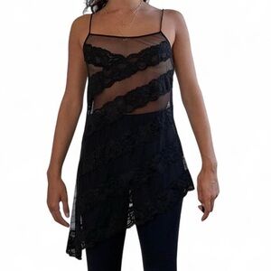 Vintage Victoria's Secret Black Sheer Lace Asymmetric Chemise